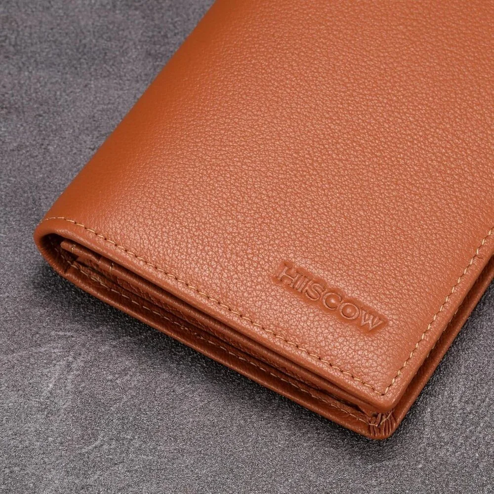 Men's Dark Tan Full Grain Leather Long Bifold Wallet Credit Card Slots Style